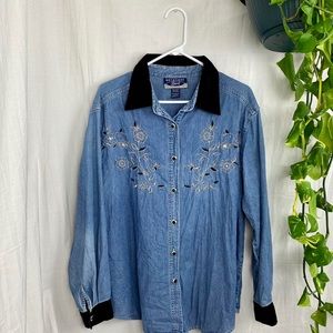 Black velvet collard button up blouse